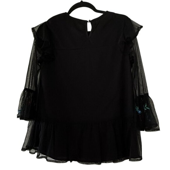 Life Style Women Black Mesh Embroidery Floral Blouse Bell Sleeve Sheer Overlay M - Picture 8 of 8